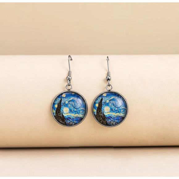 Van Gogh Starry Night Round Glass Drop Earrings Silver Finishing NWT Boutique - Picture 1 of 5
